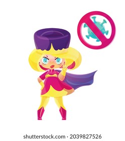 Superhero nurse with stop the pandemic sign. Drawing in the style of manga and anime in magenta and yellow and violet gradient palette