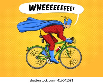 Superhero on a bicycle cartoon pop art vector illustration. Human comic book vintage retro style. 