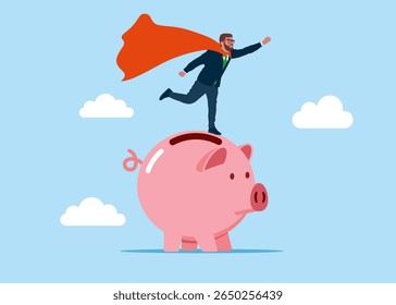 Super-herói no mealheiro. Finanças, economizando dinheiro. Melhor trabalhador, coragem. Ilustração de vetor plano
