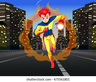 Superhero on the road in the city illustration