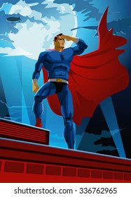 superhero on the roof looks into the distance. Vector Illustration