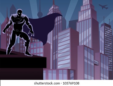 Superhero on Roof: Superhero watching over the city. No transparency used. Basic (linear) gradients. A4 proportions.
