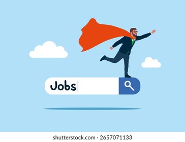 Super-herói no trabalho de barra de pesquisa. Procurar novo emprego, emprego, carreira ou procura de emprego, procurar vaga ou posição de trabalho. Confiança de sucesso e liderança de homem de negócios. Melhor trabalhador, coragem