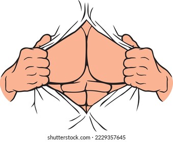 Superhero Open Shirt. Man Tear Away. Ripped or Open Shirt. Hand Ripping Clothes. Vector Illustration