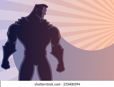 Superhero over sunrays background with copy space. No transparency used. Basic (linear) gradients. A4 proportions.
