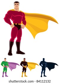 Superhero over white background. Below are 3 additional versions. One of them is silhouette.