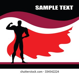 Superhero page design - vector black Superhero silhouette wearing red cloak flying on wind on abstract wavy background. Strong arm. Better as fitness center or supplements advertising.