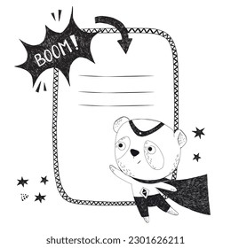 Superhero Panda Animal Hand Drawn Doodle style. Black ink on white background.