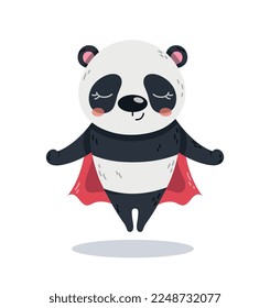 Superhero panda concept. Toy or mascot for kids, black bear in raincoat meditating. Concentration and calmness. Fantasy and imagination. Animal with super strength. Cartoon flat vector illustration