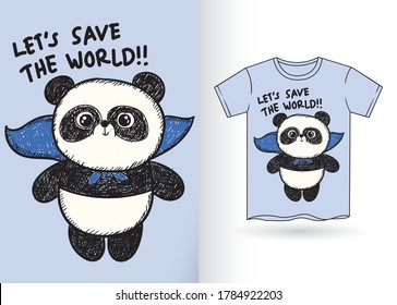 Superhero panda hand drawn for t shirt