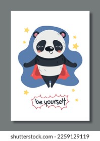 Afiche del superhéroe panda. Animales vestidos de capa y mascarilla moscas y meditados. Magia y magia, imaginación y fantasía. Sea usted mismo, cita motivacional para los niños. Dibujo vectorial plano de dibujos animados