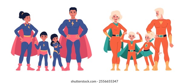 Superhero parents with children. Families in matching suits, flowing capes and tight jumpsuits, smiling superpower holders, heroic man woman and kids cartoon flat isolated vector concept