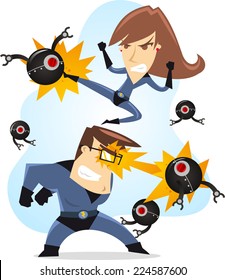 Superhero parents fighting together against tech evil robots, with blue costumes and black robots vector illustration.