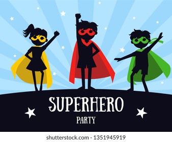 Superhero Party Banner, Cute Kids in Superhero Costumes and Masks, Birthday Invitation, Landing Page Template Vector Illustration