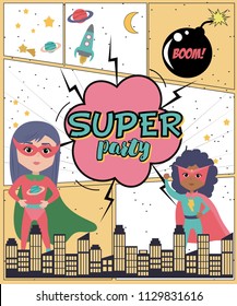 Superhero party card with kids and city. Birthday invitation card in comics style. Editable vector illustration