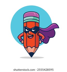 Superhero Pencil Character Vector Illustration, Creative Education Mascot Design.