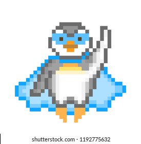 Superhero penguin in a blue cape and mask on a mission, pixel art animal character isolated on white background. 8 bit retro old school 80s; 90s slot machine/video game grapics. 