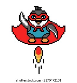 Superhero penguin in a red cape and mask on a mission flying with high speed, pixel art animal character on white background. Retro 80s, 90s 8 bit slot machine, video game graphics. Success mascot.