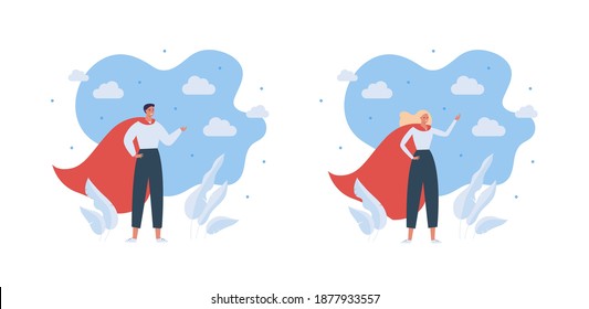 Superhero People Character Concept. Vector Flat Male And Female People Illustration Set. Man And Woman Super Hero In Red Cape Standing In Strong Victory Pose On Sky Background.