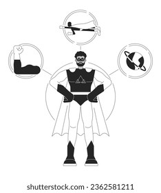 Superhero Person archetype bw Konzept Vektorgrafik. Afro Mann schützen Welt 2D Cartoon flache Linie monochromatische Charakter für Web UI Design. Bearbeitbares Einzelbild-Heldenbild