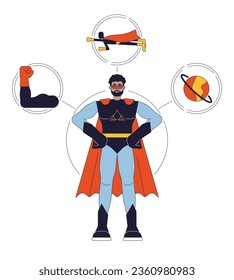 Superhero person archetype flat line concept vector hero illustration. African american man protecting world 2D cartoon outline character on white for web UI design. Editable isolated color hero image