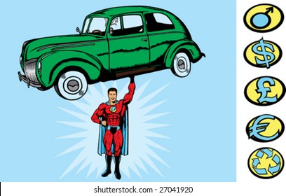 Superhero picking up a car, all on separate layers