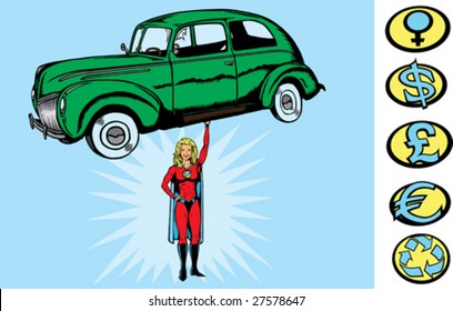 Superhero picking up a car.  With vector,  car and hero are separate.