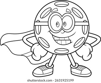 Superhero Pickleball Mascot With Cape And Mask Black And White – Vector Hand Drawn Illustration Isolated On Transparent Background
