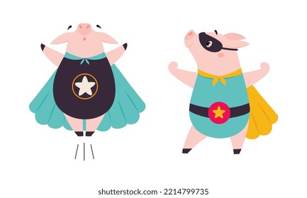 Superhero Schweine Baby Tiere in Kaps und Masken Set. Als Superhelden verkleidete, schute, kräftige Ferkel, Vektorgrafik