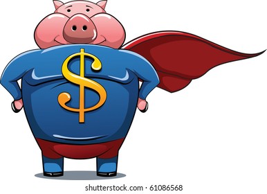 Superhero pig with Dollar sign on the shirt.