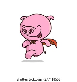 Superhero pig running and smiling