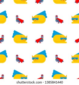 Superhero pigeon and cat pattern seamless. Super dove in Cloak and mask. Superpowers pet. Cartoon style background vector