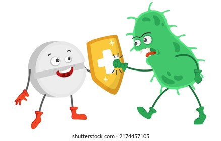 Superhero Pill With Shield Stop Funny Angry Virus Or Bacteria Vector Illustration. Antimicrobial Therapy And Antiviral Treatment Concept