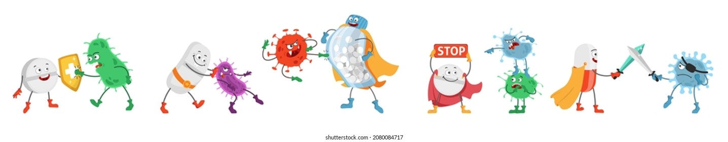 Pastillas superheroicas contra bacterias, virus, vector plano ilustración aislada. Comprimido, cápsula, graciosos personajes de caricatura con espada, escudo, usando microbios ganadores de capa superhéroe.