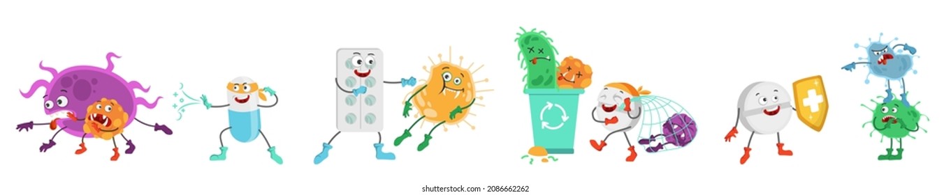 Superhero pills fighting bacteria, viruses, flat vector isolated illustration. Tablet, capsule, strong cartoon characters holding shield, boxing, throwing microbes into trash can. Viruses protection.