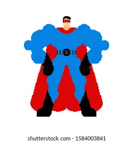 Superhero pixel art isolated. 8 bit Super guy in mask and raincoat. Pixelate Strong man
