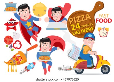 Superhero pizza delivery set of vector illustrations.