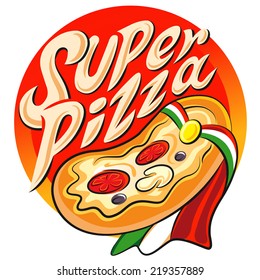 Superhero pizza label. Vector illustration isolated on a white background