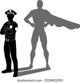 A superhero police officer man policeman revealed by his shadow silhouette as a super hero in a cape