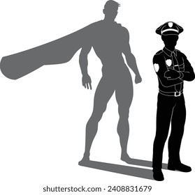 A superhero police officer man policeman revealed by his shadow silhouette as a super hero in a cape