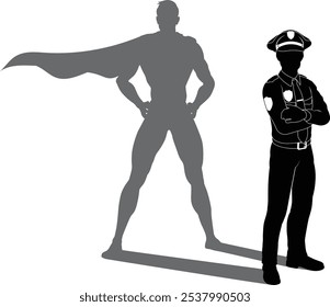 Um policial super-herói homem policial revelado por sua silhueta sombra como um super-herói em uma capa