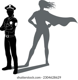 A superhero police officer woman revealed by her shadow silhouette as a super hero in a cape