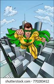 Superhero Pop Art Comic Book  Scene With A City Buildings Background