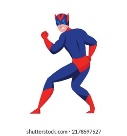 Superhero poses composition with isolated character of colorful hero posture with suit vector illustration