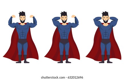 Superhero posing icon set in cartoon colored style on white background