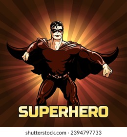 Superhero Posing on The Sunburst Background. 100 % hand drawn vector illustration. No AI was used