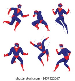 Superhero powerful super beast comics games blue bodysuit character in 6 action poses fighting flying jumping vector illustration 