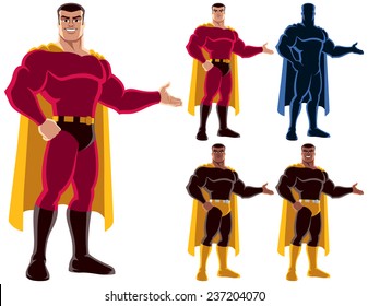 Superhero presenting your text or product with smile. On the right are 4 additional versions, including silhouette. No transparency and gradients used.
