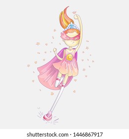 Superhero princess, little teen girl as a superhero vector cartoon illustration with gradients. Super hero girl running and fighting, brave princess, cute cartoon feminism concept about girls.