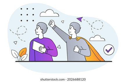 Superhero and Professional concept. Metaphor of leadership and managerial qualities. Great employee or investor. Character in cape. Cartoon doodle flat vector illustration isolated on white background